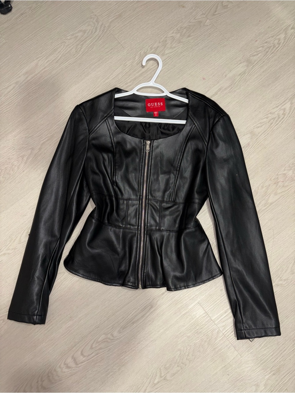 GUESS Black Faux Leather Peplum Zip Jacket